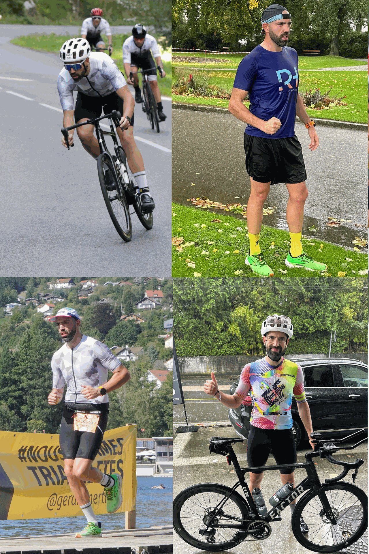 Montage de photos montrant un athlète pratiquant le vélo et la course à pied après une transformation physique réussie. Démonstration du pouvoir du sport et du dépassement de soi.