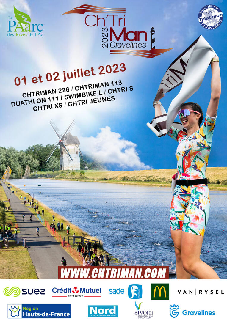 Triathlon Full Ironman – Un défi hors norme. Affiche officielle du triathlon Full Ironman, mettant en avant une athlète soulevant un trophée, symbole d'accomplissement et de dépassement de soi.